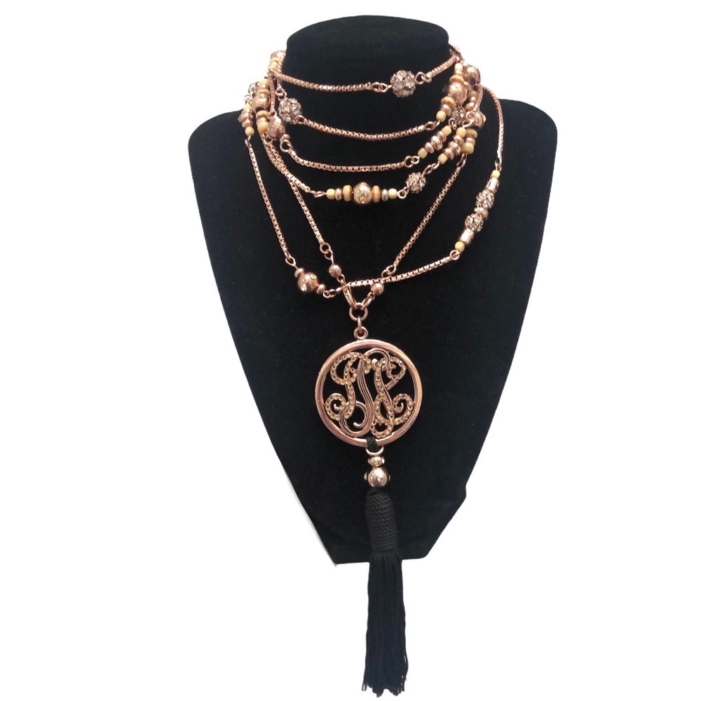 VINTAGE ROSE GOLD TONE BOX CHAIN LONG NECKLACE W CIRCLE PENDANT & BLACK TASSEL